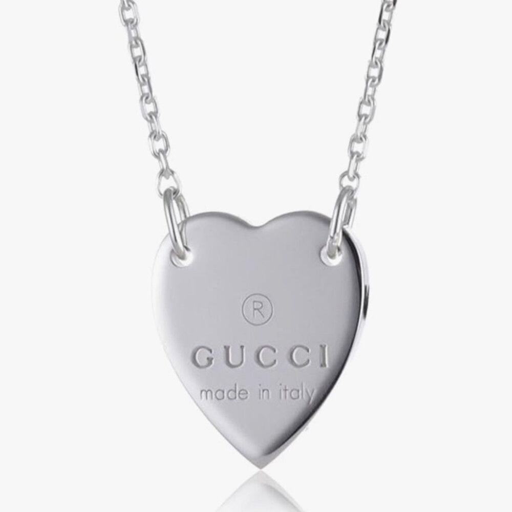 New Set Gucci Trademark Heart Pendant Necklace Women Silver 925 Size 18" NWT